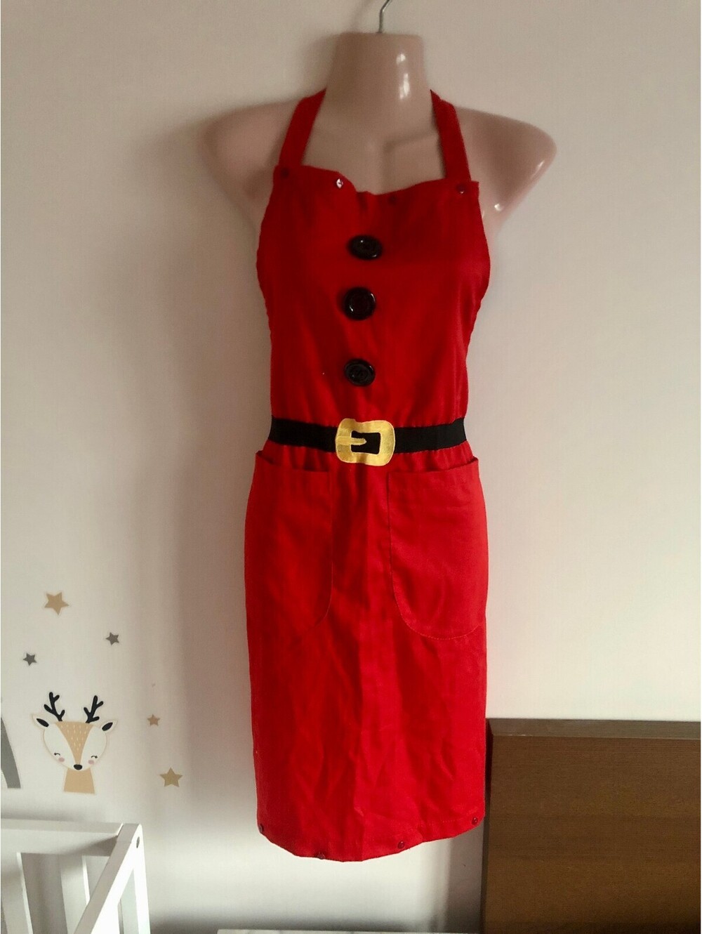 Mrs Claus Santa Apron Red Black Buttons Gold Belt Pockets ARCO Costume Christmas - Picture 2 of 7
